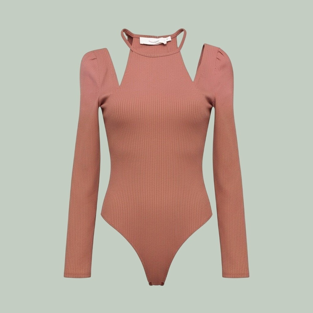 Cold Shoulder Halter Ribbed Bodysuit Womens XL Dusty Pink ASTR The Label